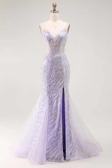Mermaid Sequin Purple Long Prom Dress with Slit